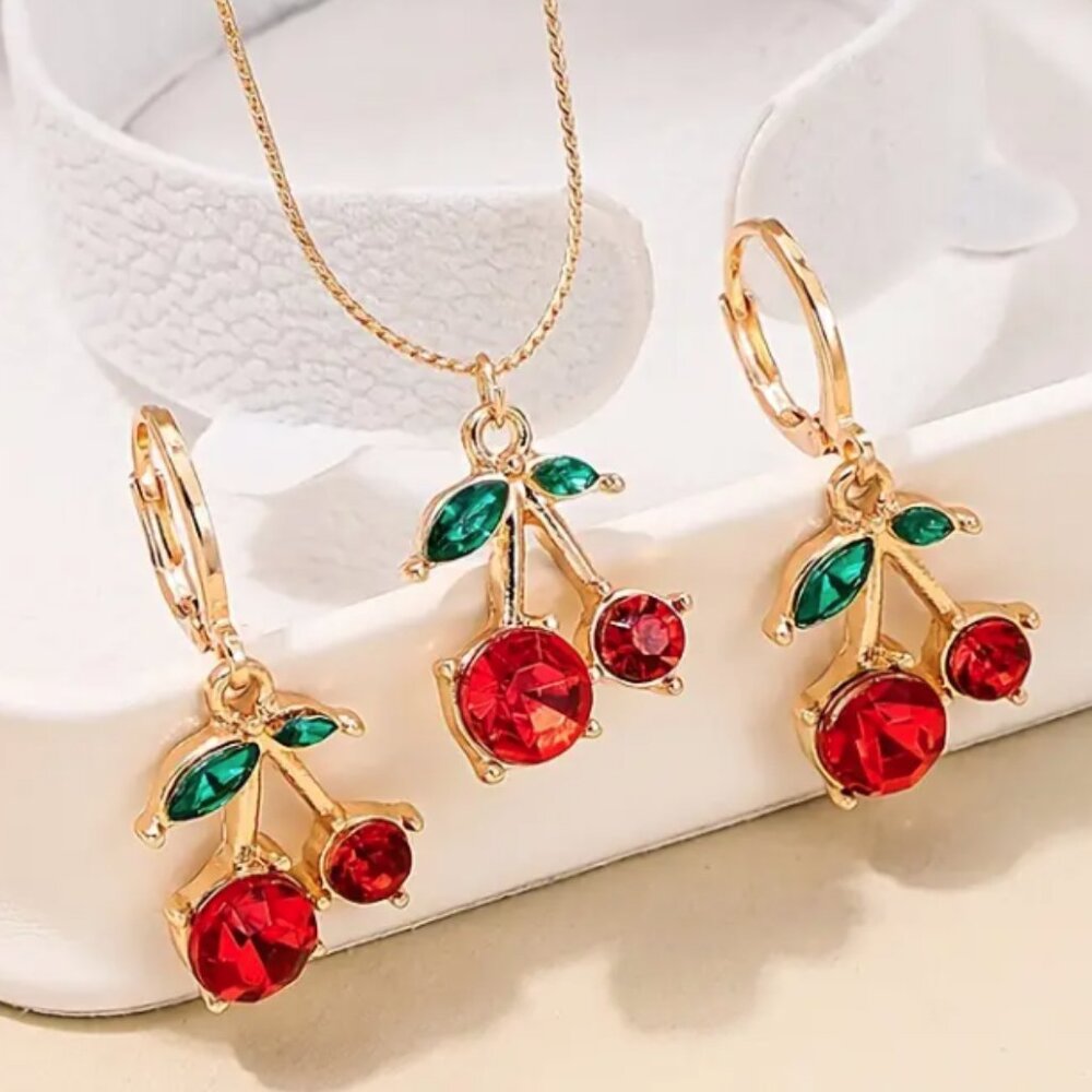 Gold Tone Cherry Jewelry Set with Red and Green Accents